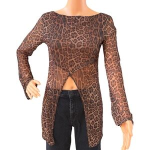 Charlotte Russe Brown Leopard Split-Front Long Sleeve Top